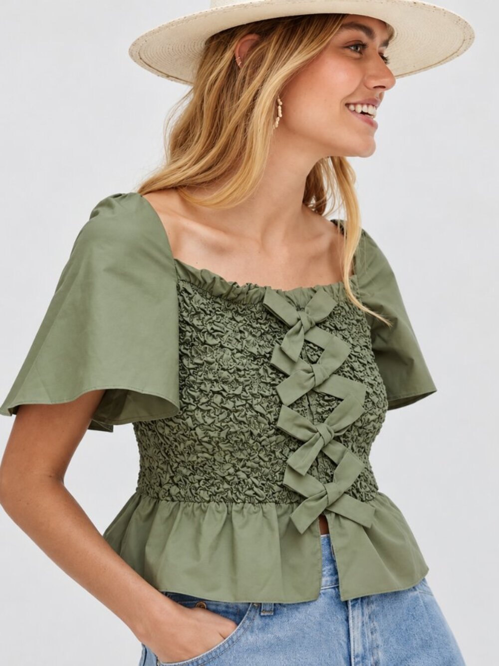 Mare Mare X Anthropologie Smocked Bow Tie Ruffle Top Puff Sleeve Blouse Small